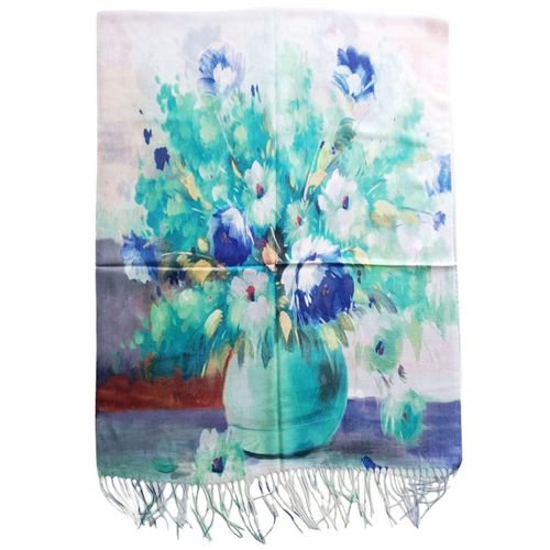 Promotion ! Écharpe Coton Lin 'beaux Arts' Vert Bleu - 200x70 Cm