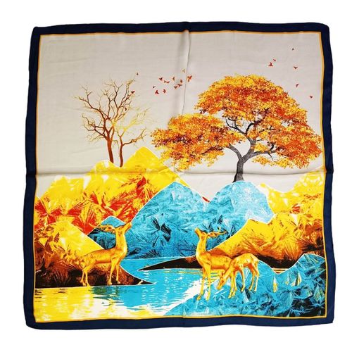 Promotion ! Carré De Soie 'scarlett' (Cerfs) Turquoise Doré - 70x70 Cm