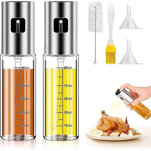 Spray Huile Cuisine, 2 Pièces Vaporisateur Pour Air Fryer, 100ml Pulverisateur Huile Verre, Avec 1 Brosse, 2 Entonnoir, 1 Brosse À Huile, Pour Cuisiner, Griller, Salade, Pâtisserie