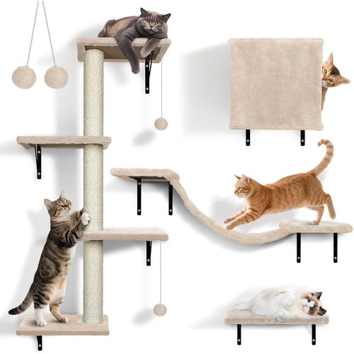 Étagères Murales Pour Chat, Ensemble Mur D'escalade Pour Chats, Muraux Confortables En Peluche Avec Griffoir, Arbre A Chats Mural Stable Pour Grands Et Petits D'intérieur Jusqu'à 10 Kg,Gris ¿