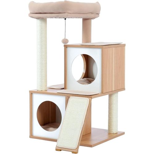Arbre À Chat Avec Double Condos Pour Chats D'appartement, Maison Tout-En-Un Avec Perchoir, Rampe À Gratter Et Poteaux Et Balles Interchangeables, Noir