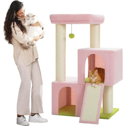 Arbre À Chat Avec Double Condos Pour Chats D'appartement, Maison Tout-En-Un Avec Perchoir, Rampe À Gratter Et Poteaux Et Balles Interchangeables, Noir