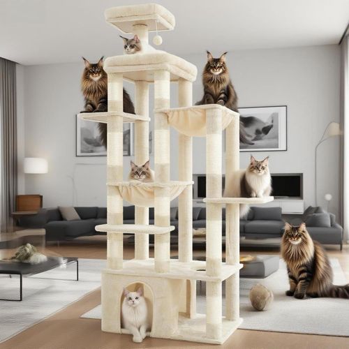 Arbre À Chat, 180cm De Haut Avec Base Stable, Plateforme Xl, Grande Maison Pour Chat, 2 Hamacs, Meubles Pour Chats À Plusieurs Niveaux Pour Les Chats Du Maine, Beige Hct037m
