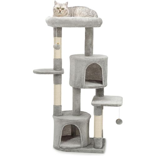 Loc-Arbre À Chat Avec 2 Balles En Peluche Avec Grelot,Hauteur 115cm,Arbre Avec Corde En Sisal Et Peluche Douce,Surface De Repos Et Niches Confortables,Pour Petits Et Grands Chats,Gris Clair