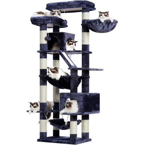 Loc-Arbre À Chat,Tour De Griffer 180cm,2 Plateformes,2 Cabanes De Sommeil,2 Hamacs,Panneau À Griffer. Grand Meuble Pour Chats Avec Endroit Dormir,Gris Foncé Hct034g