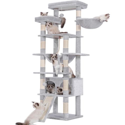 Loc-Arbre À Chat,Hauteur 200cm,Avec 11 Griffoirs,2 Plate-Forme,1 Planche À Griffer,Niche,Panier,Hamac,3 Pompons,Multi-Niveaux Pour Chat D'intérieur,Gris Clair Hct033w
