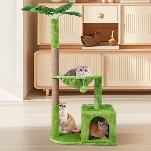 Arbre À Chat Hauteur 115 Cm, Tour De Jeux Pour Chats Avec Griffoir, Arbres D'activité Avec 1 Grottes Spacieux & 1 Hamac, 2 Poteaux En Sisal Pour Chat Chaton Adultes, Vert