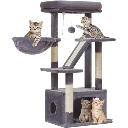 Arbre ¿¿ Chat, 97cm Stable Structure Multicouche Avec 4 Poteaux ¿¿ Griffer, 1 Plateformes, Panier, Condo Pour Chat Mou Tissu Peluche, Noir Et Rouge