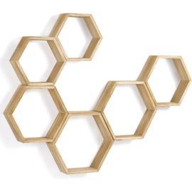 Quadruple étagère Murale Hexagonale En Métal Avec 4 Tablettes En Bois - 40,5x58 Cm - Noir