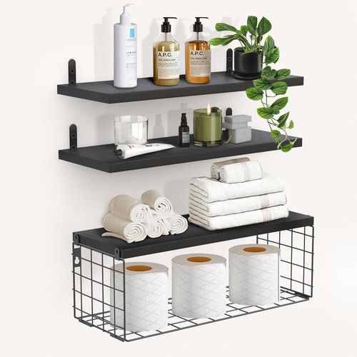 Étagères Murales, Etagères Flottantes En Bois Tablette Murale Avec Grille Métallique Noir Pour Salon Chambre Bureau Salle De Bains Et Cuisine, 40cm