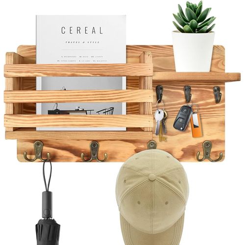 Porte-Clés Mural En Bois Avec Étagère,Armoire À Clés Moderne En Bois,Porte-Clés Mural,Avec 4 Crochets Doubles,La Porte D'entrée, L'entrée, Le Vestibule Et Le Bureau(16.5""X9.1""X3.4"")