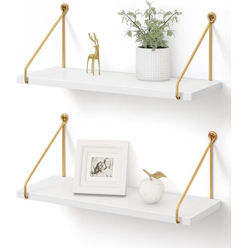 JEXNOVASHOP-Etagere Murale Bois Blanc Or Metal Salle de Bain Chambre Cuisine Moderne Design Domicile Decorer, Lot de 2