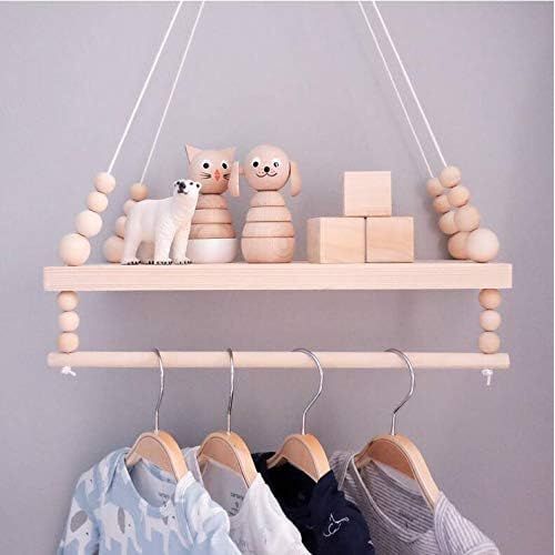KALANKA-Étagère Murale Etagères Flottantes en Bois de pin, Tablette Décoration avec Perles en Bois et Porte-Serviette pour Chambres, Salons, Bureau, Chambre d'enfants