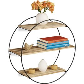 Étagère Murale Ronde 3 Tablettes Mur 3 Étages Déco, Bois Métal, Hexagonale, Vintage, Ø 50 Cm, Noir/Nature
