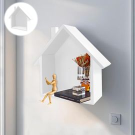 Étagère En Bois - Maison De Lutin - Décoration Murale Nostalgique - Vitrine Avec Petite Maison En Bois - Maison Minimaliste Pour Salon, Bureau (Blanc)
