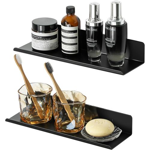 Lot De 2 Etagere Murale Sans Percage Salle De Bain, Etagere Murale Sans Vis En Aluminium, Tablettes Flottantes Adhésif Tablette Rangement Pour Cuisine, Salon, Chambre, 30cm Noir