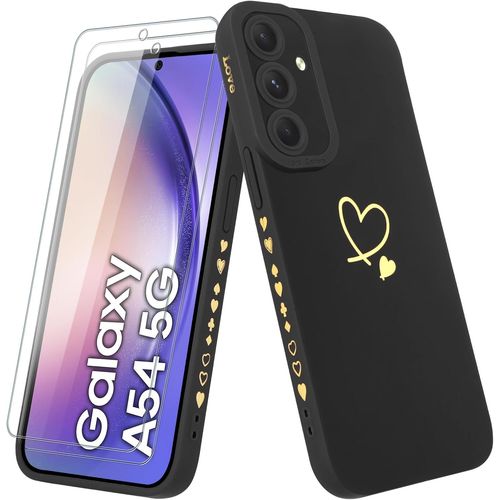 Coque Pour Samsung Galaxy A54 5g Avec 2 Verre Trempé, Etui Fille Avec Or Motif Coeur Souple Tpu Silicone Antichoc Anti-Rayures Housse Compatible Avec Samsung Galaxy A54 5g, Noir
