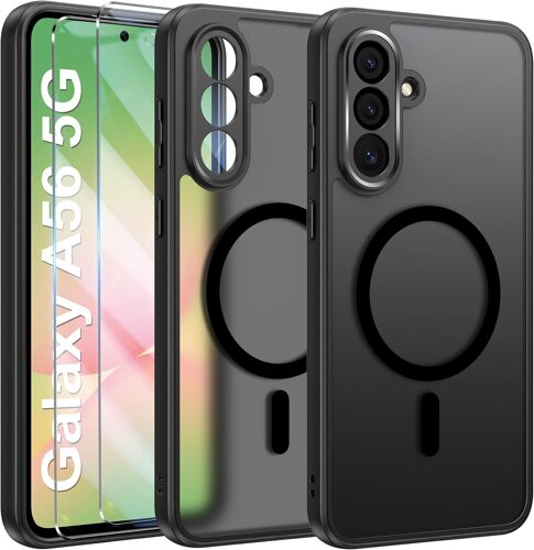 KWEX-Magn¿¿tique Coque pour Samsung Galaxy A56 5G avec MagSafe avec 2 Verre tremp¿¿ Protection ¿¿cran, Anti-Jaune Antichoc Cam¿¿ra Protecteur Etui Housse Mat Case pour Samsung A56 (Noir)
