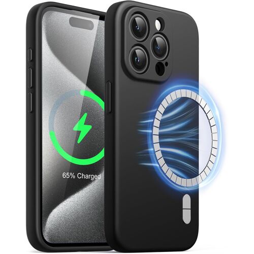 ELVORIX-Coque Silicone Magnétique pour iPhone 15 Pro 6,1 Pouces, Compatible avec MagSafe, Étui Housse de Protection Complète de l'Objectif de Caméra (Noir)