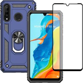 CAUC-Coque pour Huawei P30 Lite et Verre Trempé D'écran Protecteur, Silicone Antichoc Défense Bumper Armure Housse Etui pour Huawei P30 Lite (Bleu)