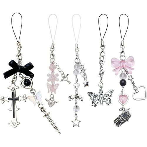 Jgd-Lot De 5 Pendentifs Y2k Pour Téléphone Portable, Attache Cordon Téléphone Portable Chaîne, Bijoux De Telephone, Porte-Clés, Cordon Telephone Portable Bijoux