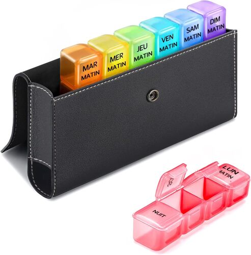 KALANKA-Pilulier Semainier Français 7 Jours 4 Fois Matin Midi Soir Nuit avec PU Sac 28 Compartiments Multicolores Pilulier Semainier Français