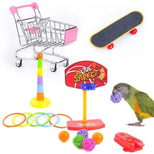 Ensemble De Jouets Pour Oiseaux, 4 Types De Jouets Pour Perroquets, Comprenant Un Jouet D'Empilage De Basket-Ball, Planche À Roulettes, Chariot En Métal, Jouet Rebondisseur De Balle