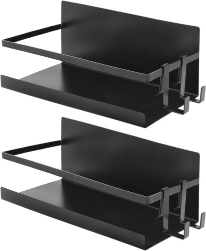 CAUC-2 x Set Etagere Magnetique pour Refrigerateur avec 4 crochets - Auto Adhesif sans Percage - Support epices mural sans vis - Rangement four et frigo Noir