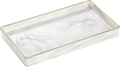 Plateau à Cosmétique Rectangulaire en Céramique, Plateau Décoratif avec Bordure Dorée, Organisateur de Rangement de Salle de Bain Cuisine Toilette pour Bougies Bijoux Cosmétique, Marbre Blanc