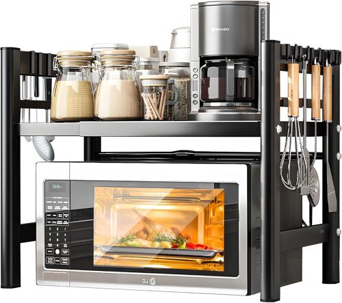 JEXNOVASHOP-2 Niveaux Support de Four à Micro-Ondes Extensible, Etagere Rangement Cuisine Four à Micro Ondes, avec 6 Crochets, Support de Four à Micro-Ondes, Etagere Cuisine Micro Onde, Noir