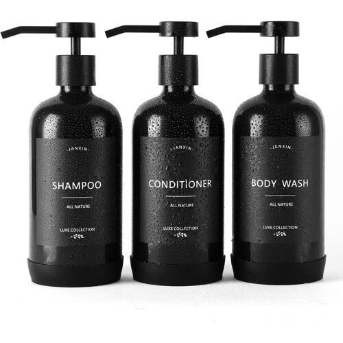 Distributeur de shampooing et d'après-shampoing,rechargeables,de 600 ml,avec étiquettes étanches,pour salle de bain,bouteilles noires et pompes noires