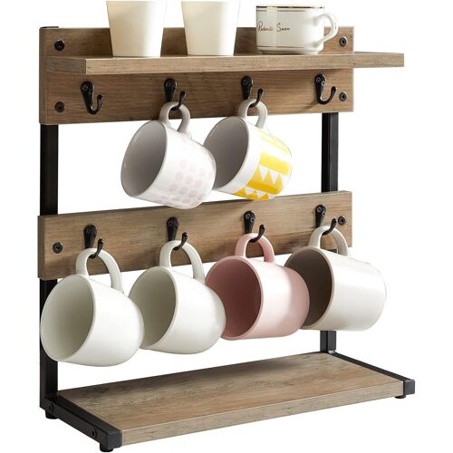 Jexnovashop-Greige Tbj002y Support De Tasse À Café Rustique À 2 Niveaux Avec Base De Rangement, Porte-Tasses Vintage Pour Cuisine, Peut Contenir 8 Tasses