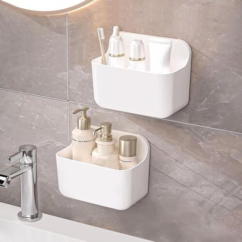 Lot de 2 Étagère Salle de Bain, Étagère Douche Sans Perçage en Plastique, Porte Shampoing Gel Douche, Paniers Rangement Mural pour Salle de Bain Cuisine, Blanc-Petit Panier