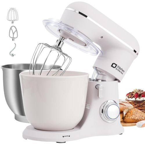 Robot Pâtissier, 4.5L+5L 2Bols Robots De Cuisine, 10 Vitesses Batteur Electrique Cuisine, 1300W Pétrin Professionnel Avec Fouet, Batteur, Crochet (Blanc)