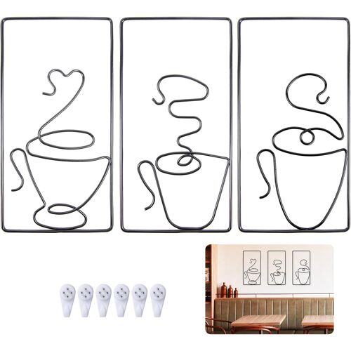 KALANKA-Décoration Murale en Métal, Cadres Decoratif Murales Fer Tasse à Café Art Minimaliste Muraux pour Cafe ¿Cuisine Salon de Thé Restaurant Pub Deco, 3Pcs Noir, 24 x 12 cm