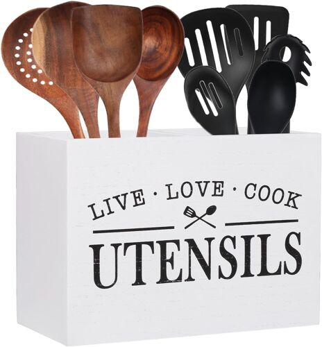 Sjzg-Porte-Ustensiles De Cuisine Pour Comptoir, Panier À Ustensiles En Bois Massif De Ferme Avec Fond Amovible, Grand 2 Compartiments, Organiseur D'ustensiles De Cuisine Pour Comptoir De Cuisine,