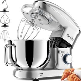 Robot Pâtissier 1500W Petit Électroménager 6,2 L,Avec Crochet Pétrisseur,Batteur,Fouet À Fil,Protection Contre Les Éclaboussures,Pour La Cuisson,Les Gâteaux (Argent)