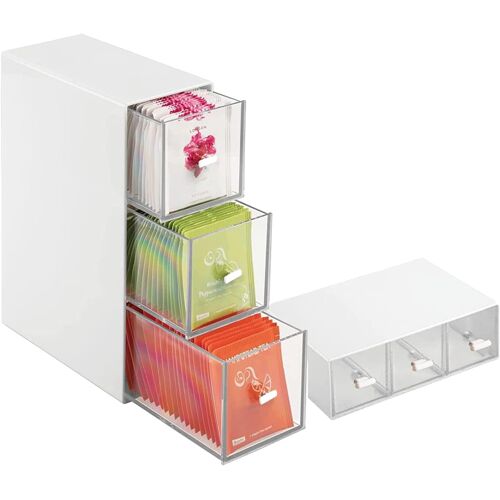 Jexnovashop-Boîte À Thé Avec 3 Tiroirs, Rangement Cuisine En Plastique, Pour Sachets De Thé, Tisane, Infusion, Café, Maquillage
