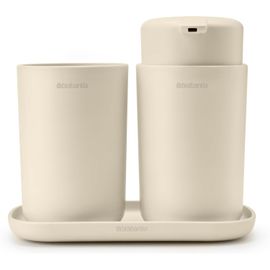 Renew Set D'Accessoires De Salle De Bains - Distributeur De Savon,Porte-Brosse à Dents & Plateau - Mécanisme De Pompe Anti-Goutte - Anti-Rayures - Anti-Corrosion - 3 Psc. - Soft Beige