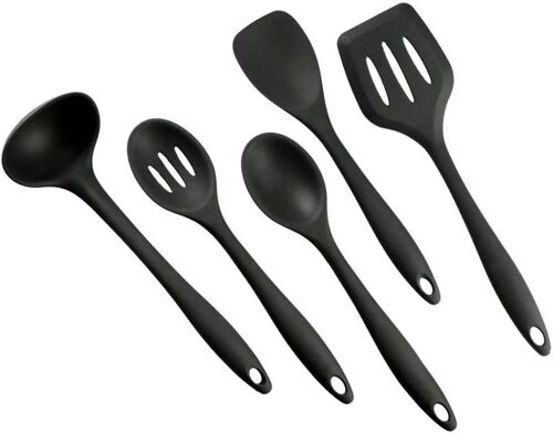 Mevronisshop-Set D'ustensiles De Cuisine En Silicone Sans Bpa - Cuillère, Louche Et Spatule - Passe Au Lave-Vaisselle - Antiadhésif - Résistant À La Chaleur (5 Pcs Noir)