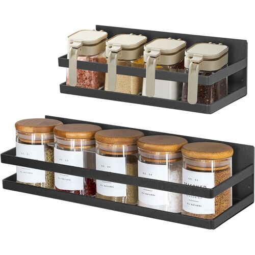 CAUC-Lot de 2 étagères magnétiques puissantes à fixer au mur sans perçage, pour armoire, réfrigérateur, économie d'espace, organisation de cuisine, noir