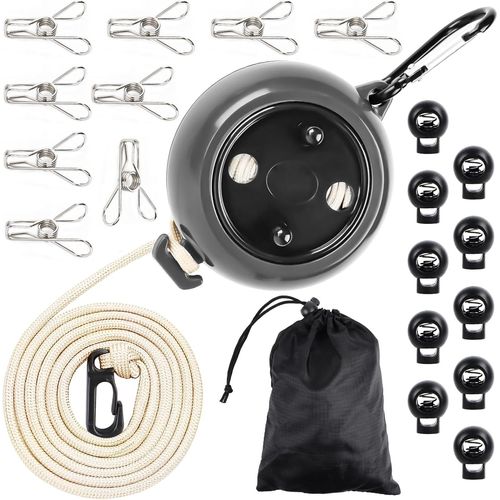 jum-Corde À Linge Extensible,Avec 10 Boucles DeMaintien Et 20 Pinces À Linge,Corde À Linge Pour Camping,Voyage,Vacances,Extérieur/Intérieur,Accessoires Pour Buanderie,Balcon,Camping,Camping-Car