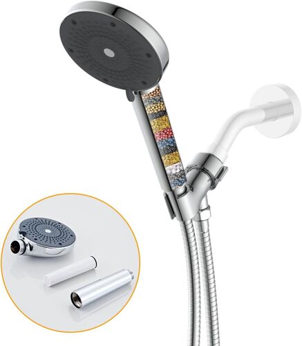 Pommeau de douche à filtre à eau dure et tuyau de douche, 3 modes de jet de pulvérisation, pommeau de douche haute pression, grand pommeau de douche puissant pour éliminer le chlore résiduel