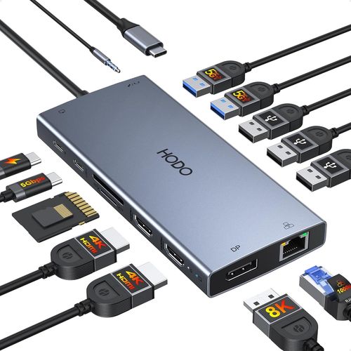 Station d'accueil pour ordinateur portable 2 moniteurs, station d'accueil 15 en 1 triple écran, adaptateur USB C Hub avec deux HDMI, 8K DisplayPort, Ethernet, PD, 5USB, USB C, SD TF, audio et bouton