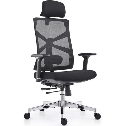 Chaise De Bureau Ergonomique Avec Dossier Adaptable, Fauteuil D'ordinateur Avec Accoudoirs 4d, Profondeur D'assise Réglable, Soutien Lombaire Et Appui-Tête 2d, Siège De Travail Exécutif, Noir