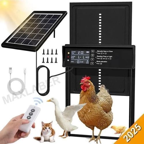Porte Automatique Poulailler Solaire - Étanche Ipx6 - Minuterie D\'ouverture - Télécommande Sans Fil - 328x244mm