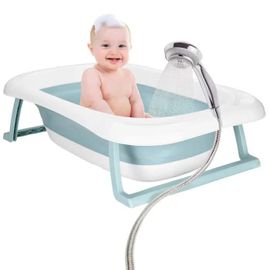 Springos® Baignoire Pliante Pour Bébé Avec Thermomètre Et Coussin 35 L, Blanc Et Bleu