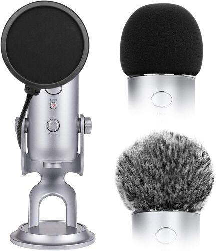2 pcs Microphone Fourrure Pare-Brise Mic Cover Mousse pour + Microphone Pop Filtre Double Couche Masque Bouclier Fit Mic et Yeti Pro Condenseur (Combo 3Pack)