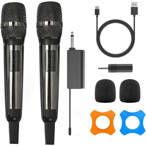 Microphones Sans Fil Uhf En Métal Rechargeable Avec Récepteur De 6,35 Mm Et 3,5 Mm Pour Karaoké, Chant, Discours, Églises, Réunions, Mariages (Noir)