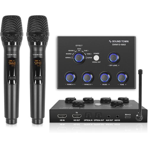 ASFASFq-Système de mixage karaoké sans fil à 16 canaux avec 2 micros sans fil, HD ARC, optique (Toslink), AUX, prend en charge Smart TV, Media Box, PC, Bluetooth, barre de son, récepteur